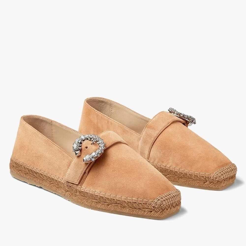 JIMMY CHOO Dru Crystal Embellished Suede Espadrilles Beige Sz 38 EU/8 US